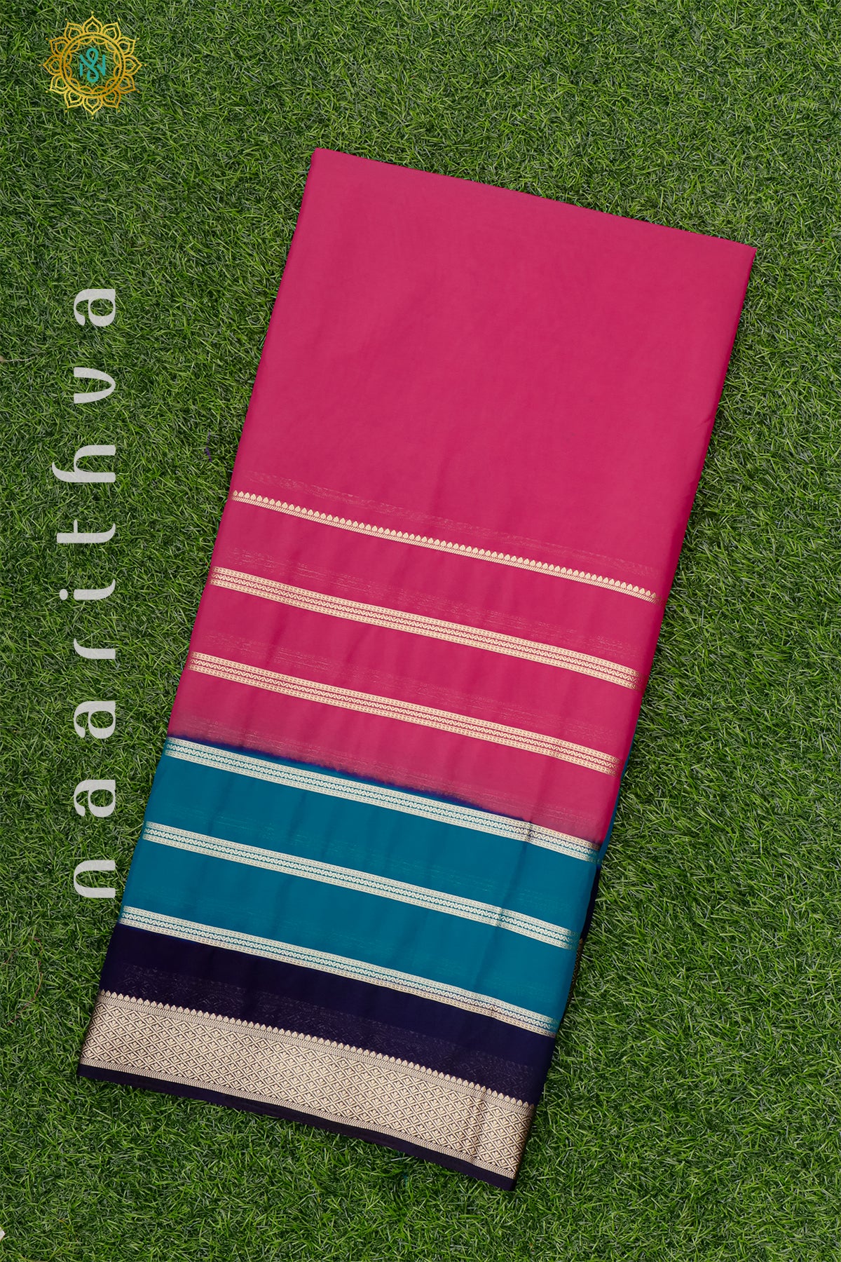 PINK WITH CYAN GREEN & NAVY BLUE - SEMI MYSORE CREPE SILK