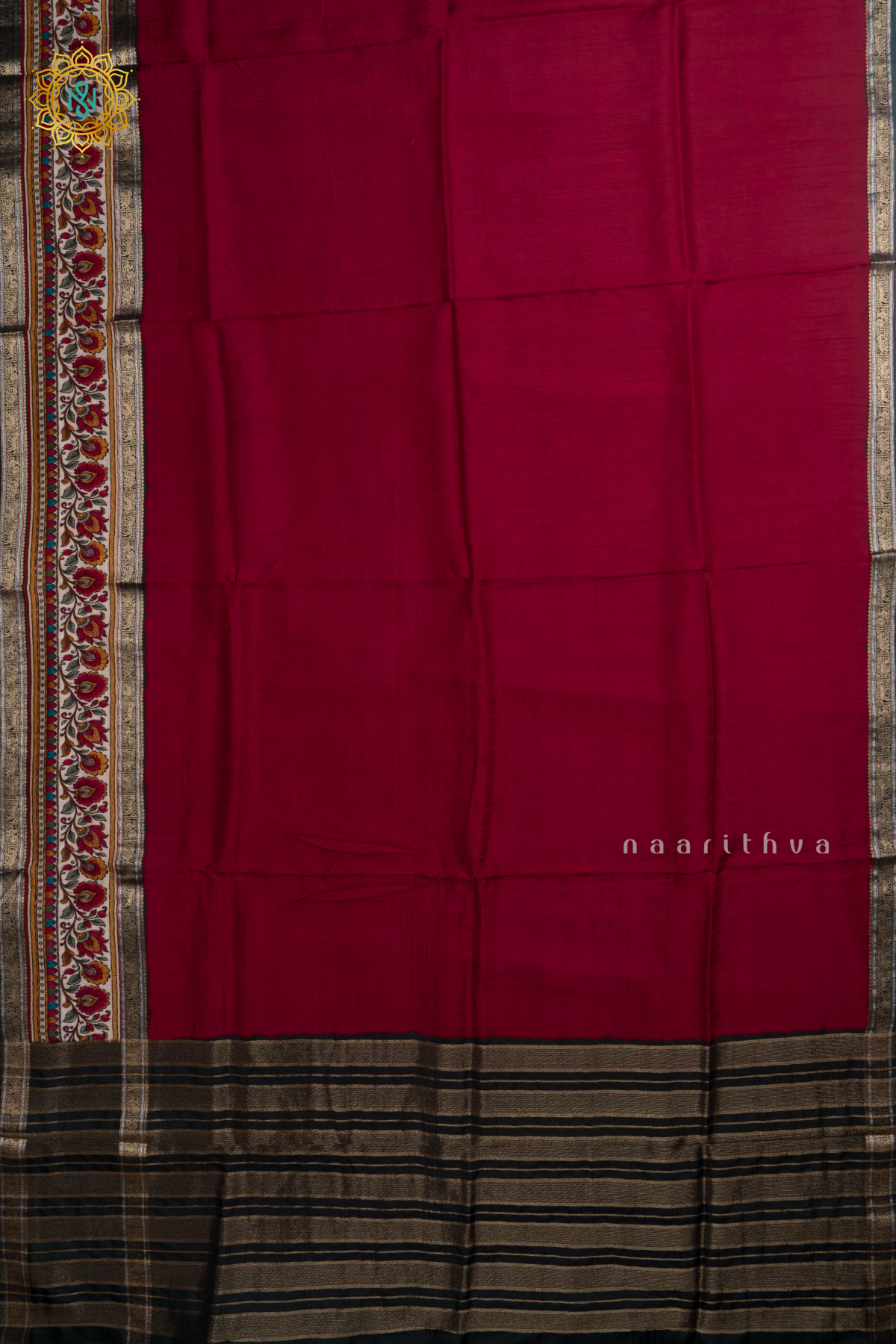 Red With Olive Green Printed Semi Crepe Silk With Contrast Border, Pallu