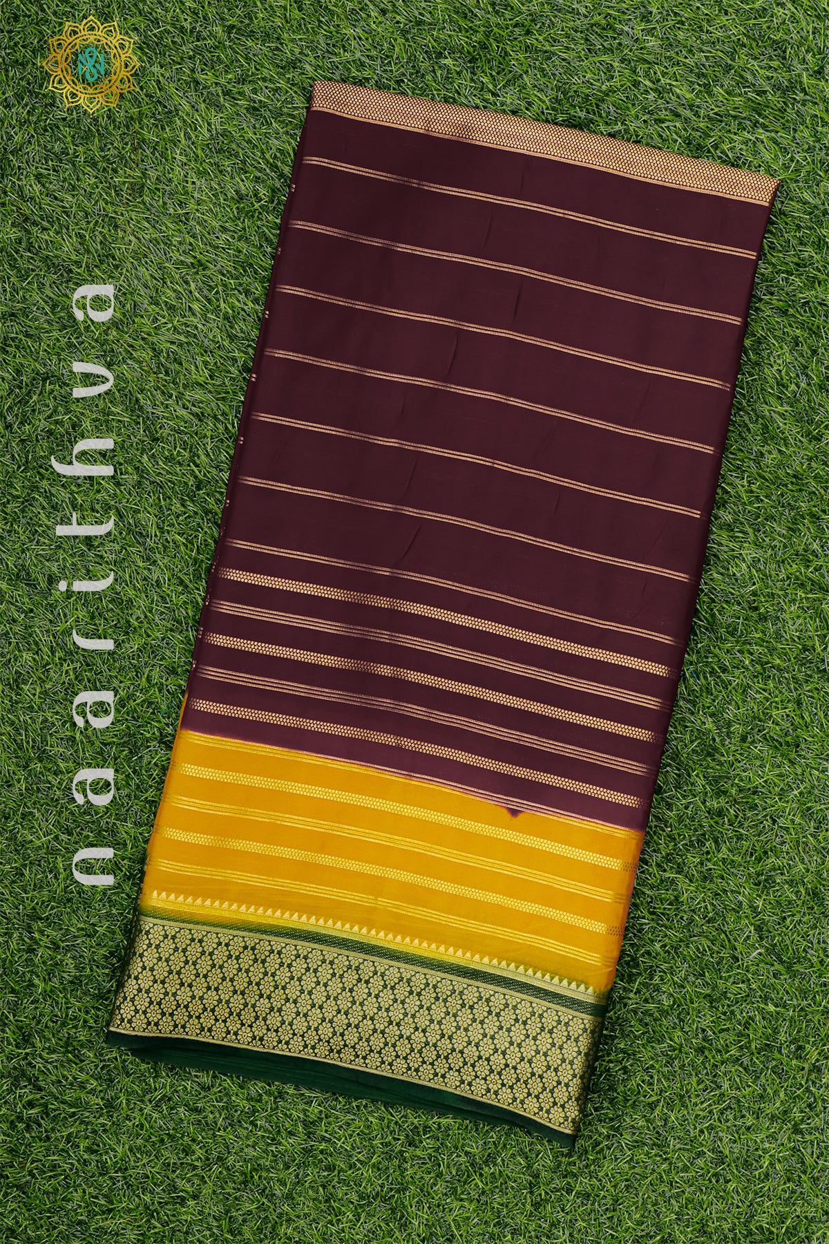 BROWN WITH YELLOW & GREEN - SEMI MYSORE CREPE SILK