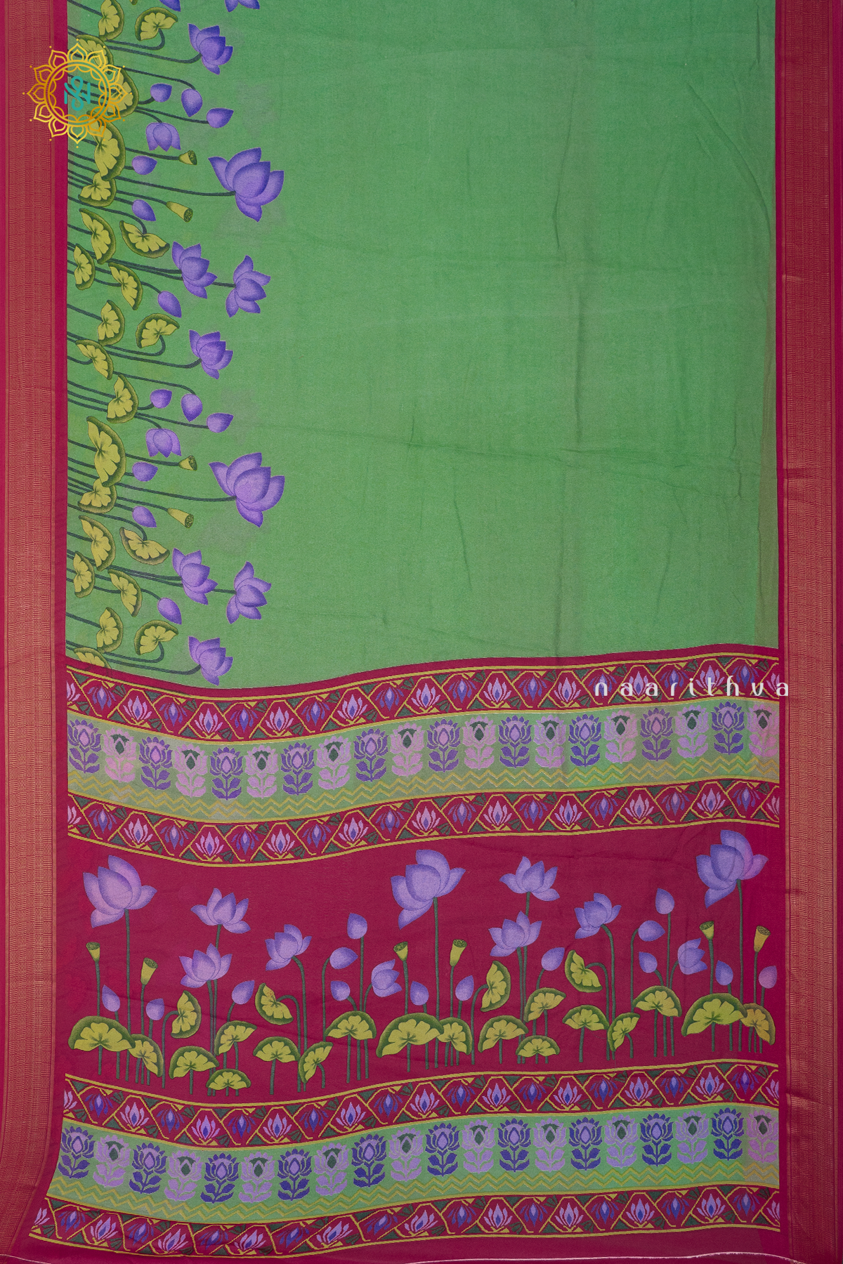GREEN WITH REDDISH PINK - SEMI GEORGETTE