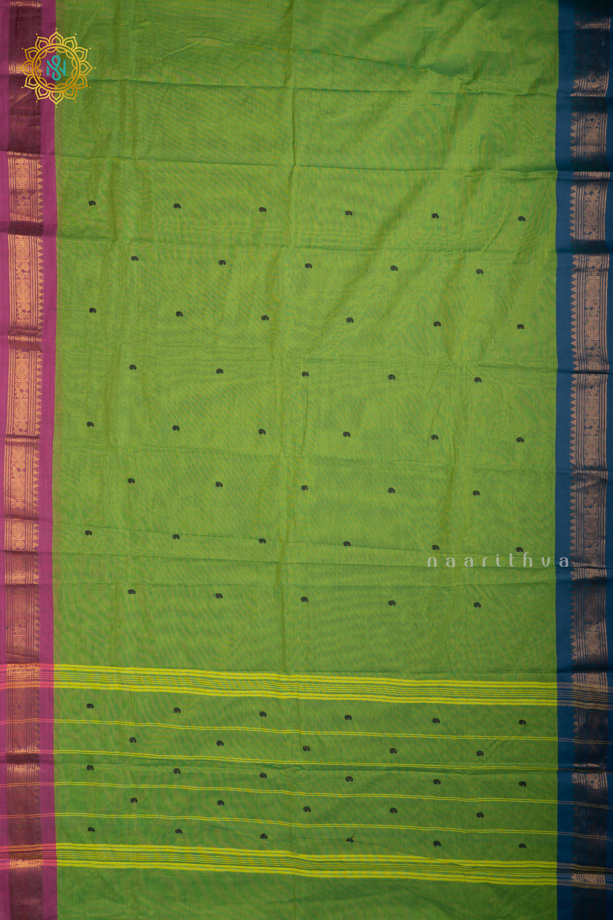 Parrot green With Blue & Pink Chettinad Cotton Saree With Thread Woven Buttas & Ganga Jamuna Contrast Border