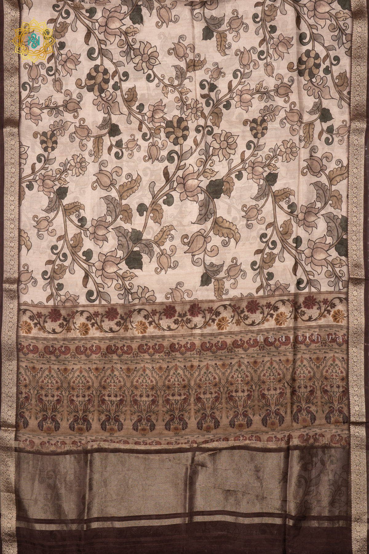 OFF WHITE WITH BROWN - SEMI CREPE SILK