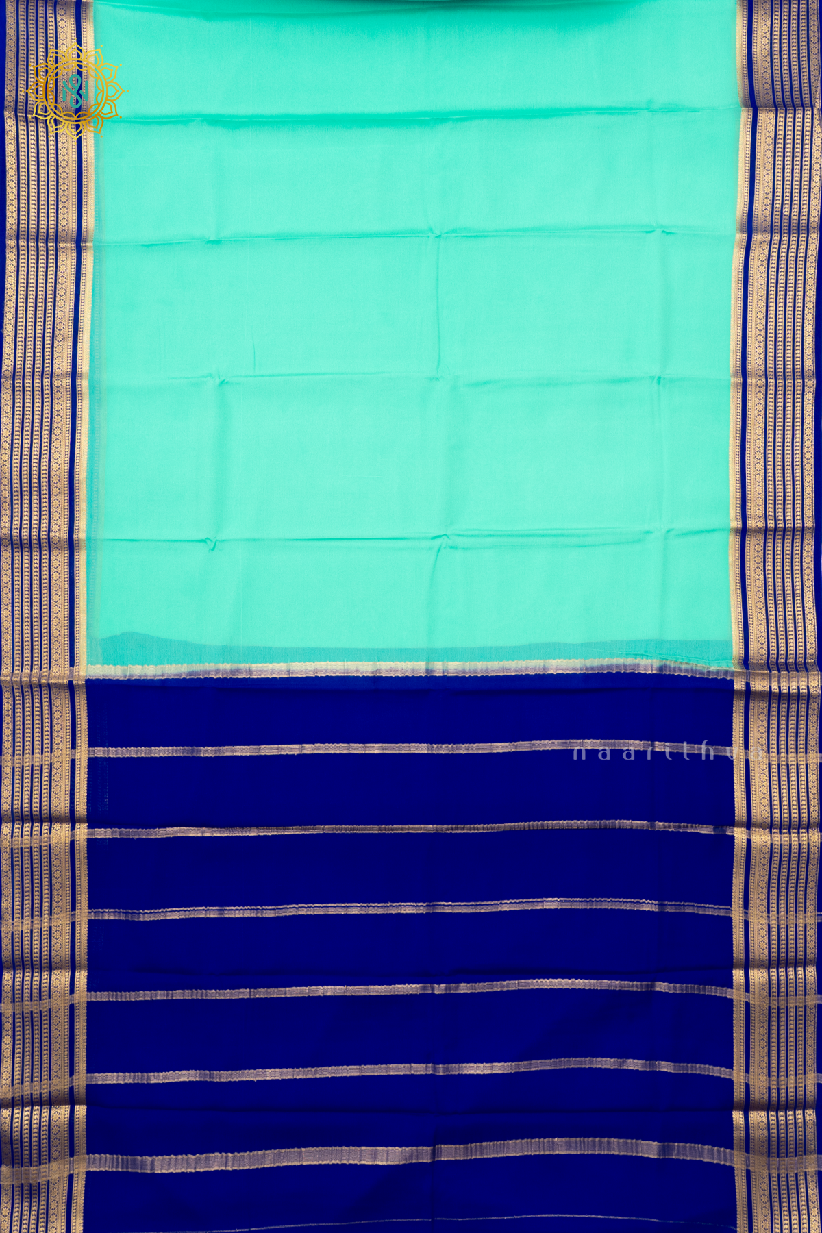 AQUA GREEN WITH ROYAL BLUE - PURE MYSORE CREPE SILK