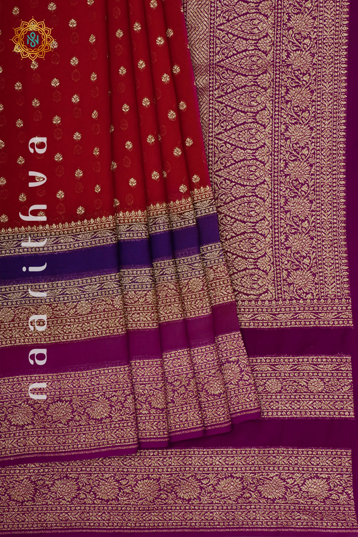 RED WITH BLUE, MAGENTA & WINE - PURE HANDLOOM KHADDI GEORGETTE BANARAS