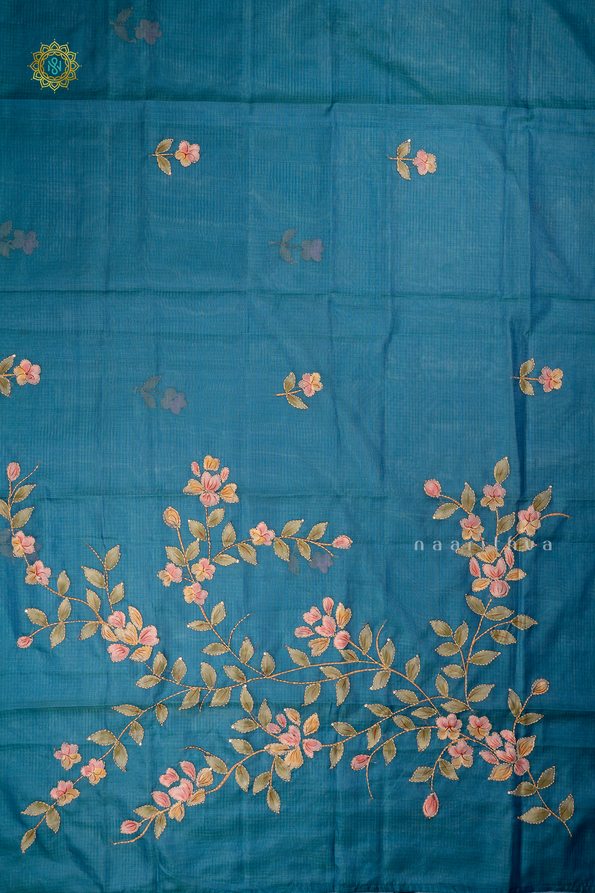 Blue Kota Organza With Hand-Painted And Katha Work On The Body