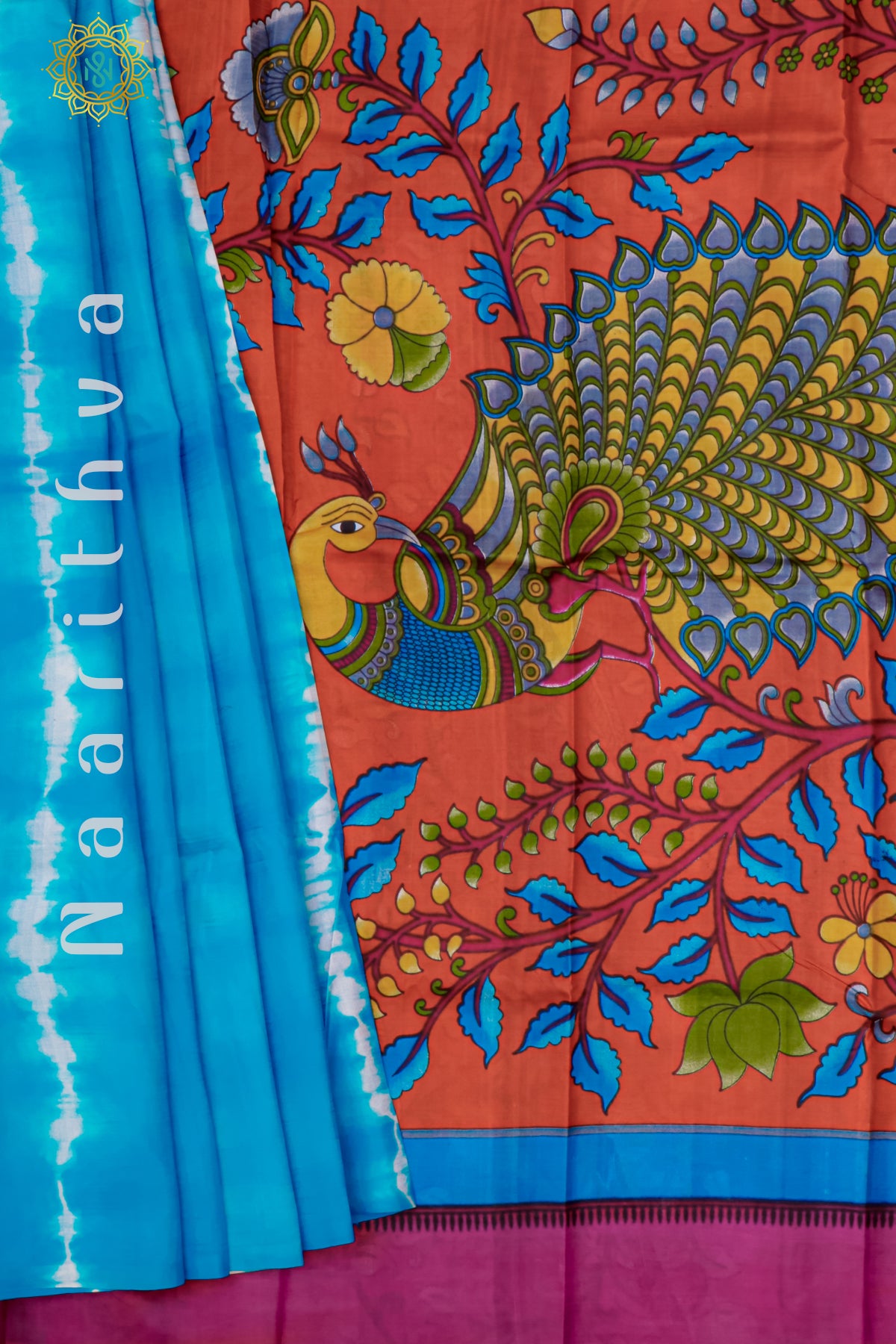 SKY BLUE WITH ORANGE & PINK - PURE MULBERRY SILK WITH DIGITAL PRINT