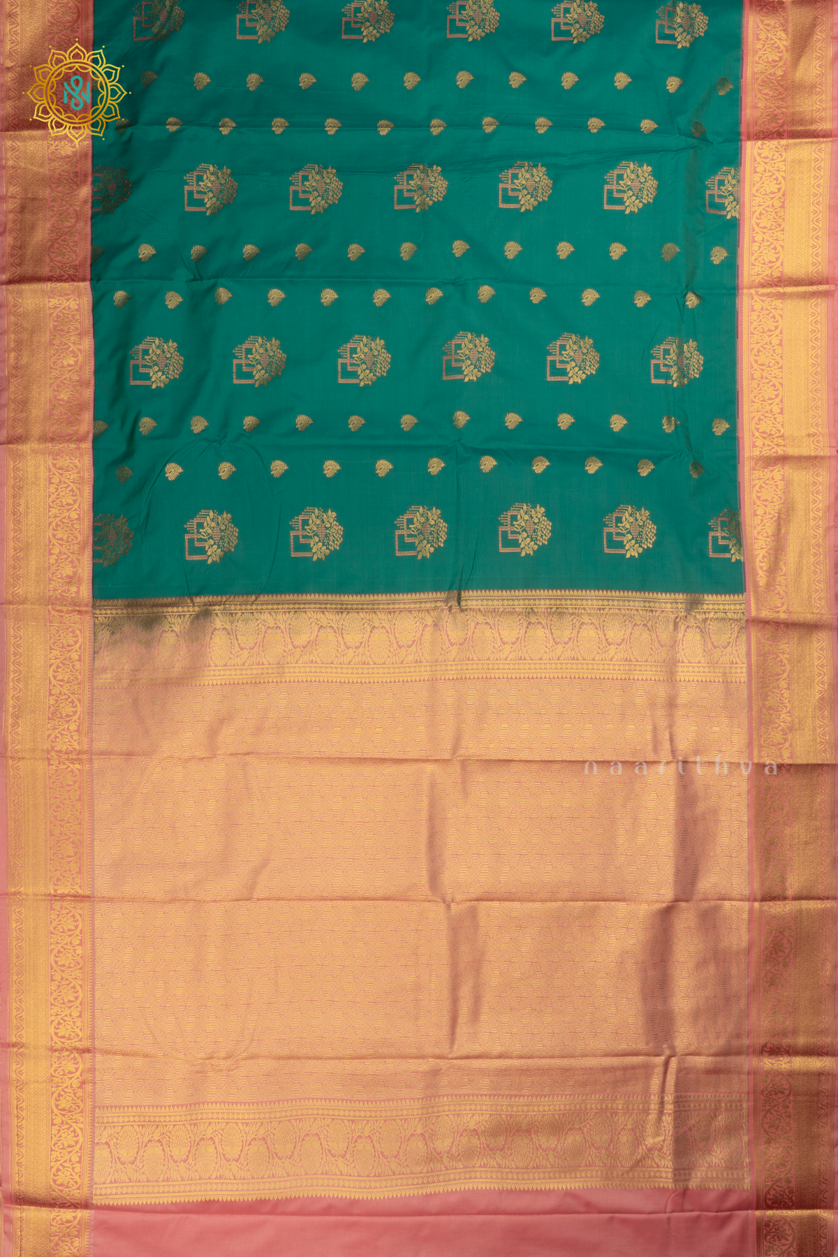 Aqua Green with Peachish Pink Semi Kanchi Saree With Zari Buttas All Over And Contrast Zari Border