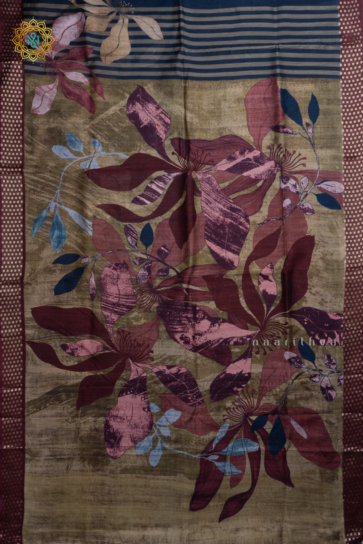 Olive Green With Maroon Semi Cotton Tussar Saree with Printed Body & Contrast Pallu