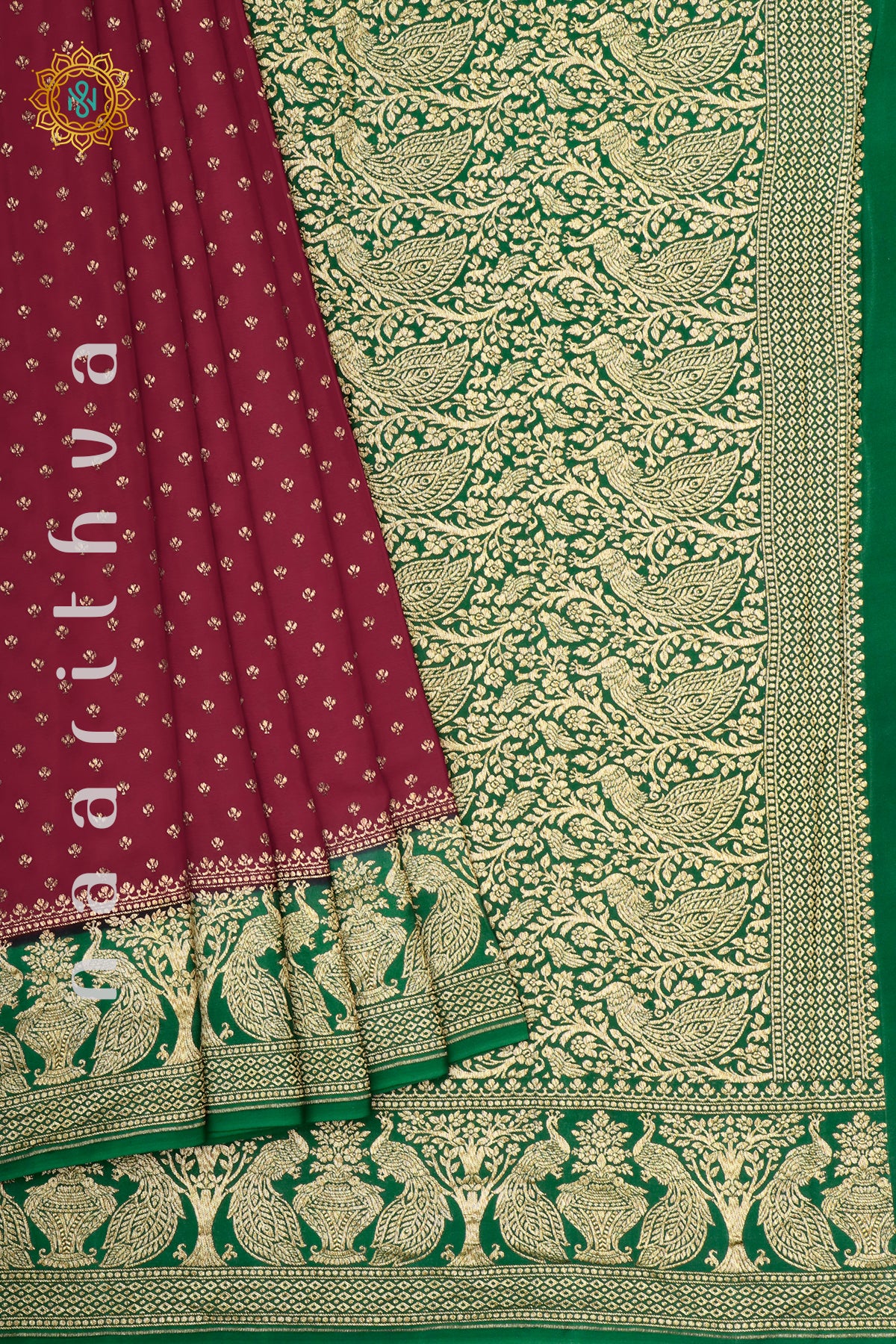 RED WITH GREEN - PURE BANARASI CREPE SILK