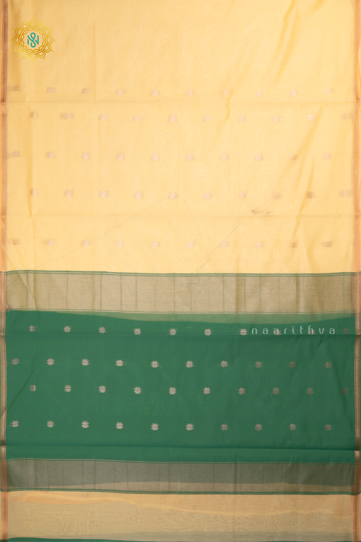 Off-white With Green Silk Cotton Saree Allover Zari Woven Buttas With Contrast Zari Border