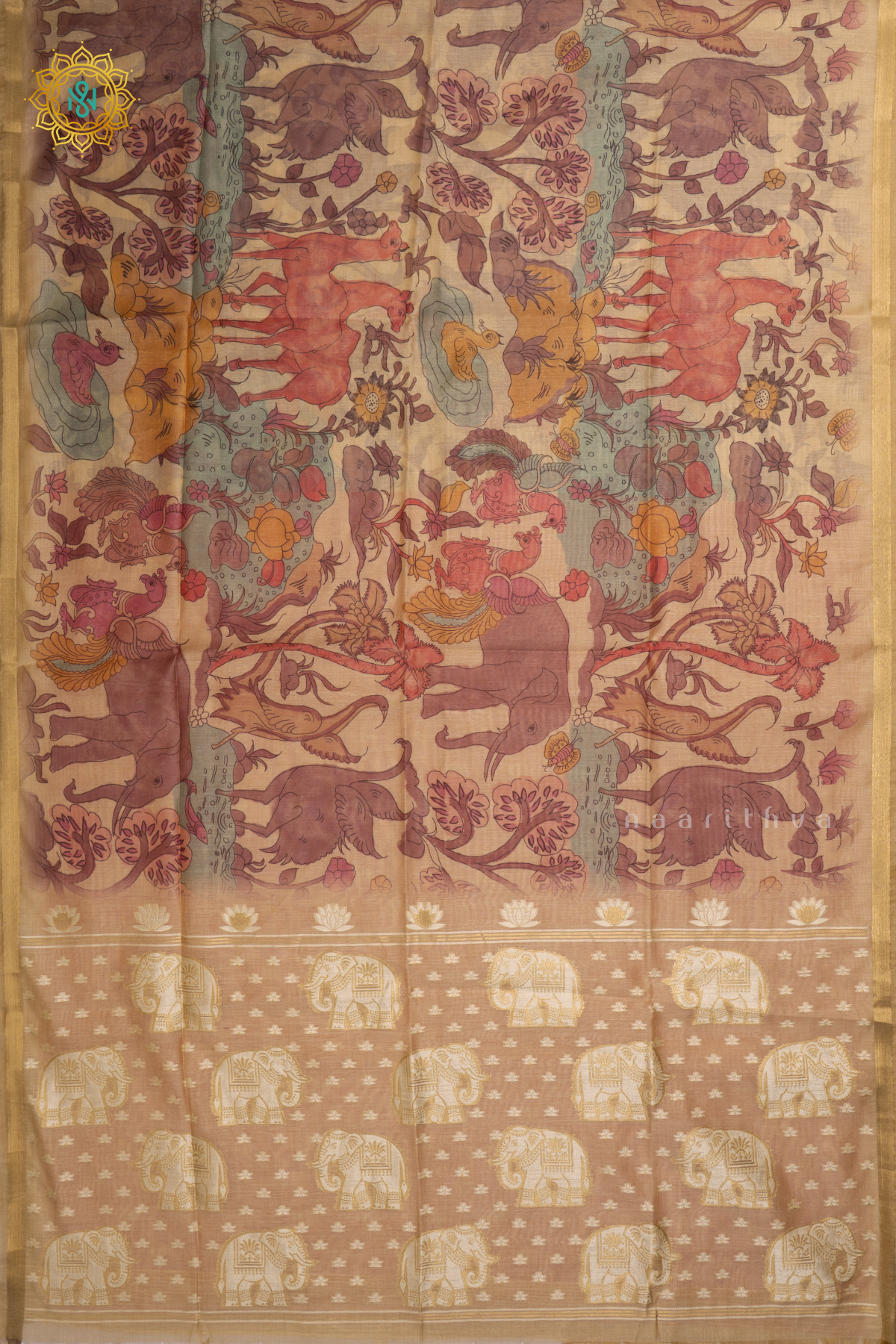 Beige With Pink Linen By Cotton Saree With Kalamkari Prints On The Body