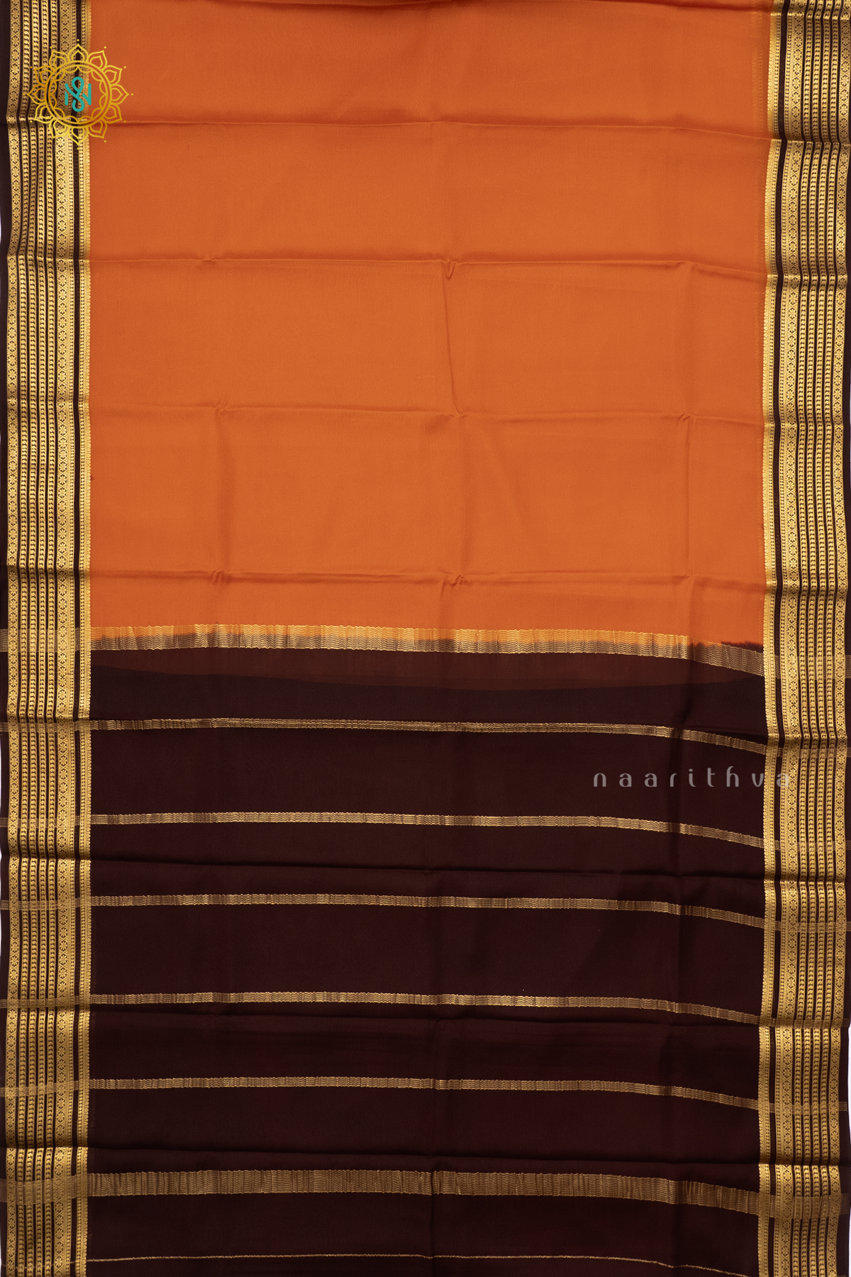 ORANGE WITH BROWN - PURE MYSORE CREPE SILK