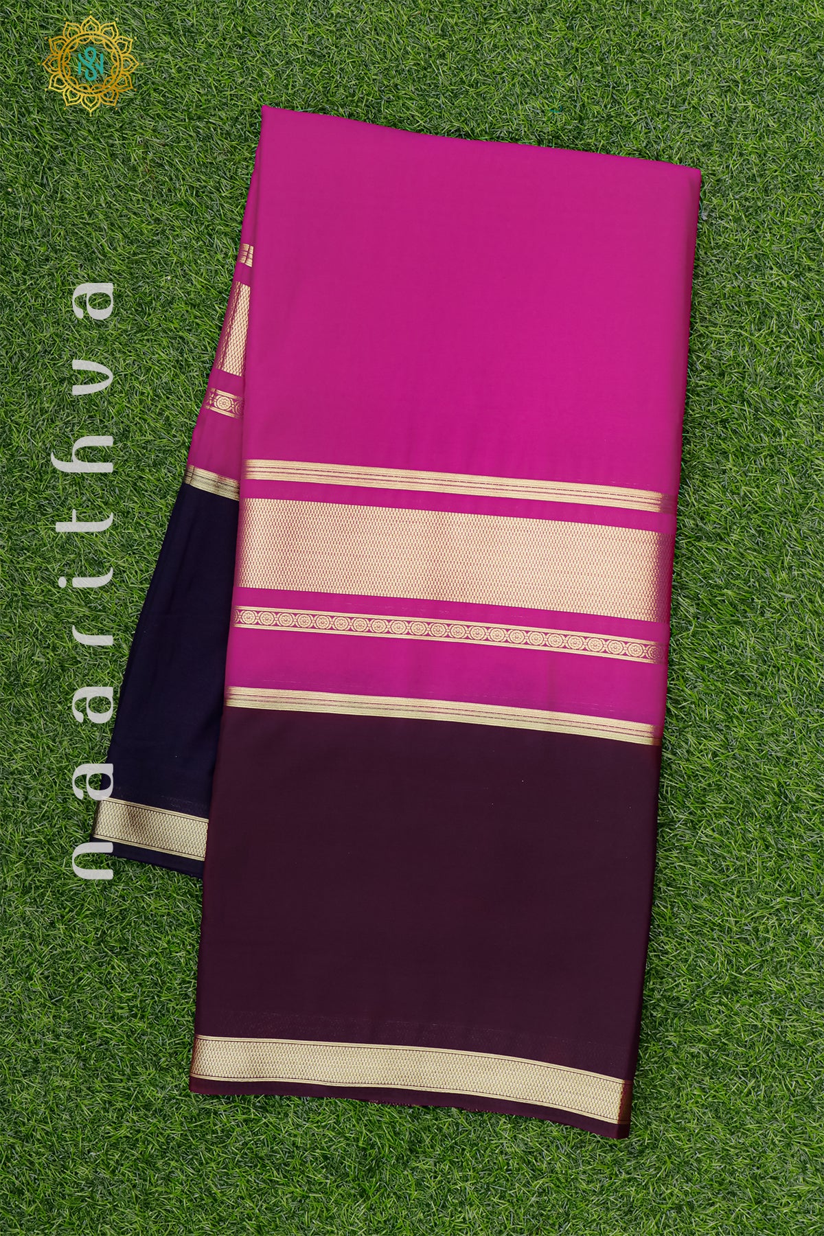 PINK WITH WINE & NAVY BLUE - SEMI MYSORE CREPE SILK