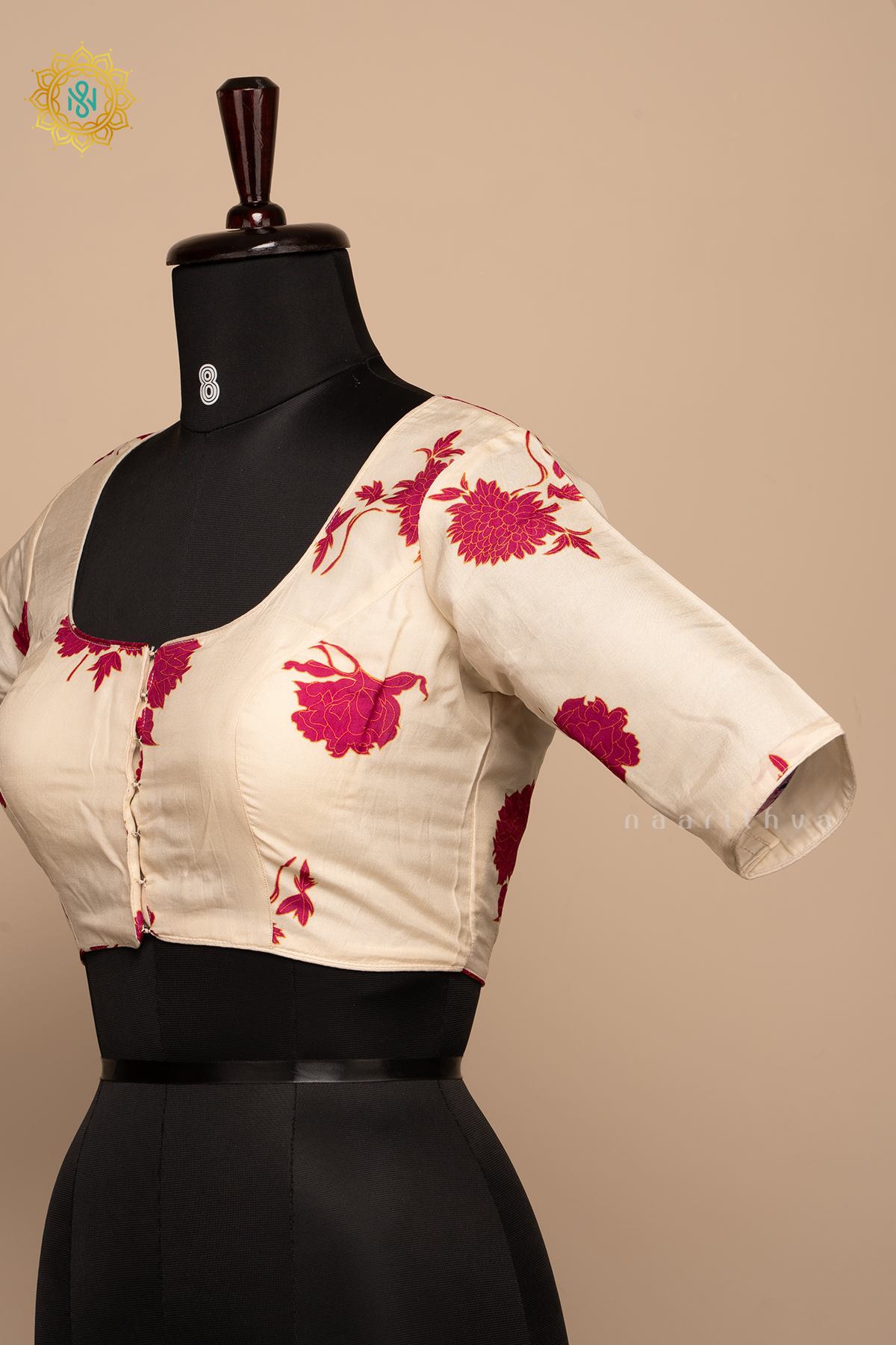 OFF WHITE WITH PINK - DOLA SILK READYMADE BLOUSE WITH FLORAL PRINTS