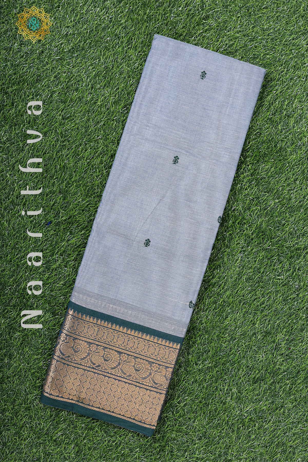 BLUISH GREY WITH BOTTLE GREEN - CHETTINAD COTTON