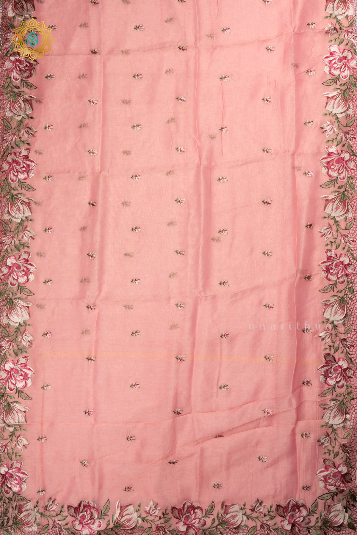 Light Pink Organza Tissue Saree Allover Embroidery Buttas with Cutwork and Embroidery Border