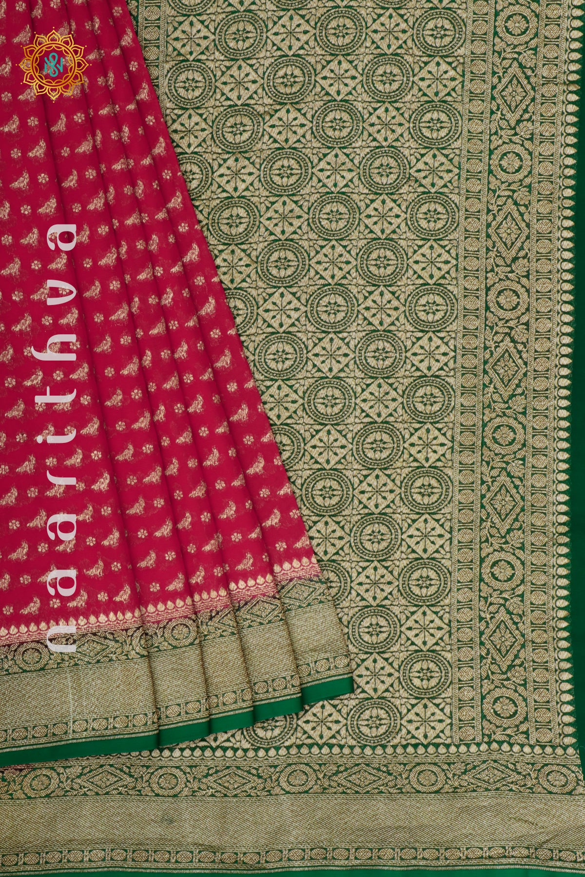 RED WITH GREEN - PURE HANDLOOM KHADDI GEORGETTE BANARAS