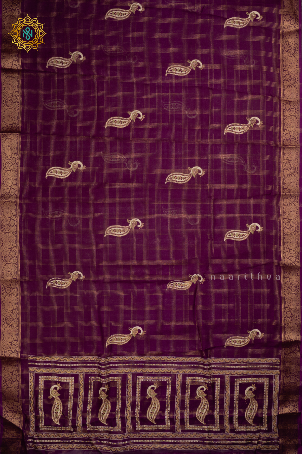 Wine Semi Georgette Saree With Zari Checks Body, Printed Buttas And Zari Border