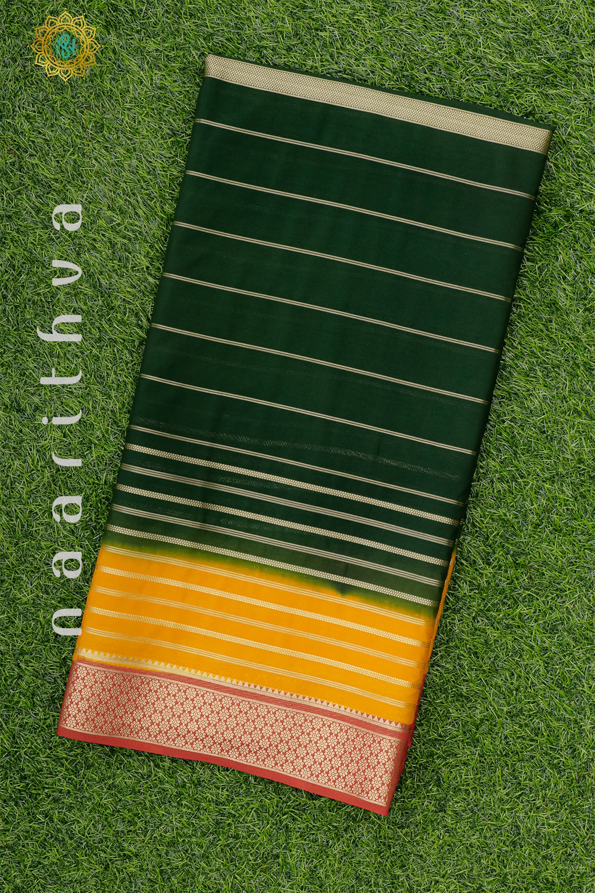 BOTTLE GREEN WITH YELLOW & RED - SEMI MYSORE CREPE SILK