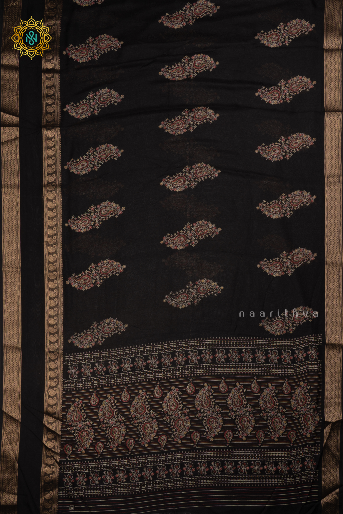 BLACK - SEMI GEORGETTE SAREE WITH PRINTED BODY AND ZARI GAP BORDER