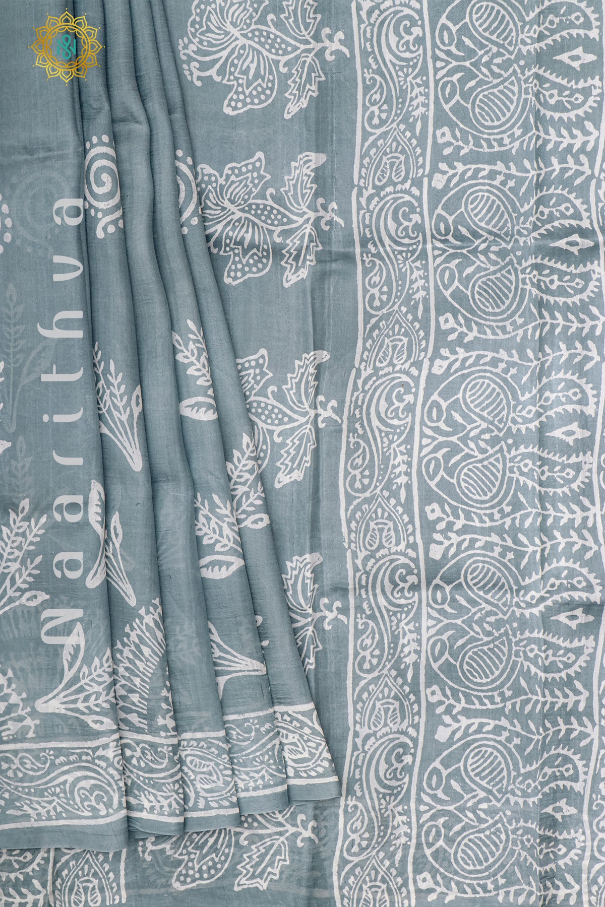 GREY - PURE MULBERRY SILK WITH BLOCK PRINT