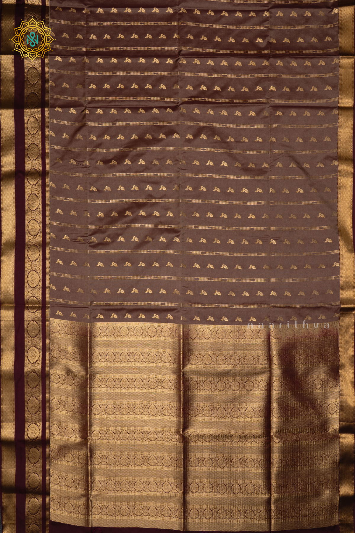LIGHT BROWN WITH CHOCOLATE BROWN - SEMI SOFT SILK SAREE ALLOVER ZARI BUTTAS AND CONTRAST GAP BORDER
