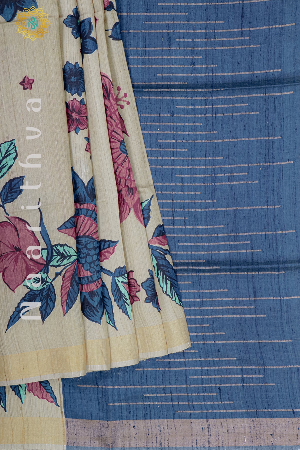 BEIGE WITH BLUE - PURE TUSSAR SILK