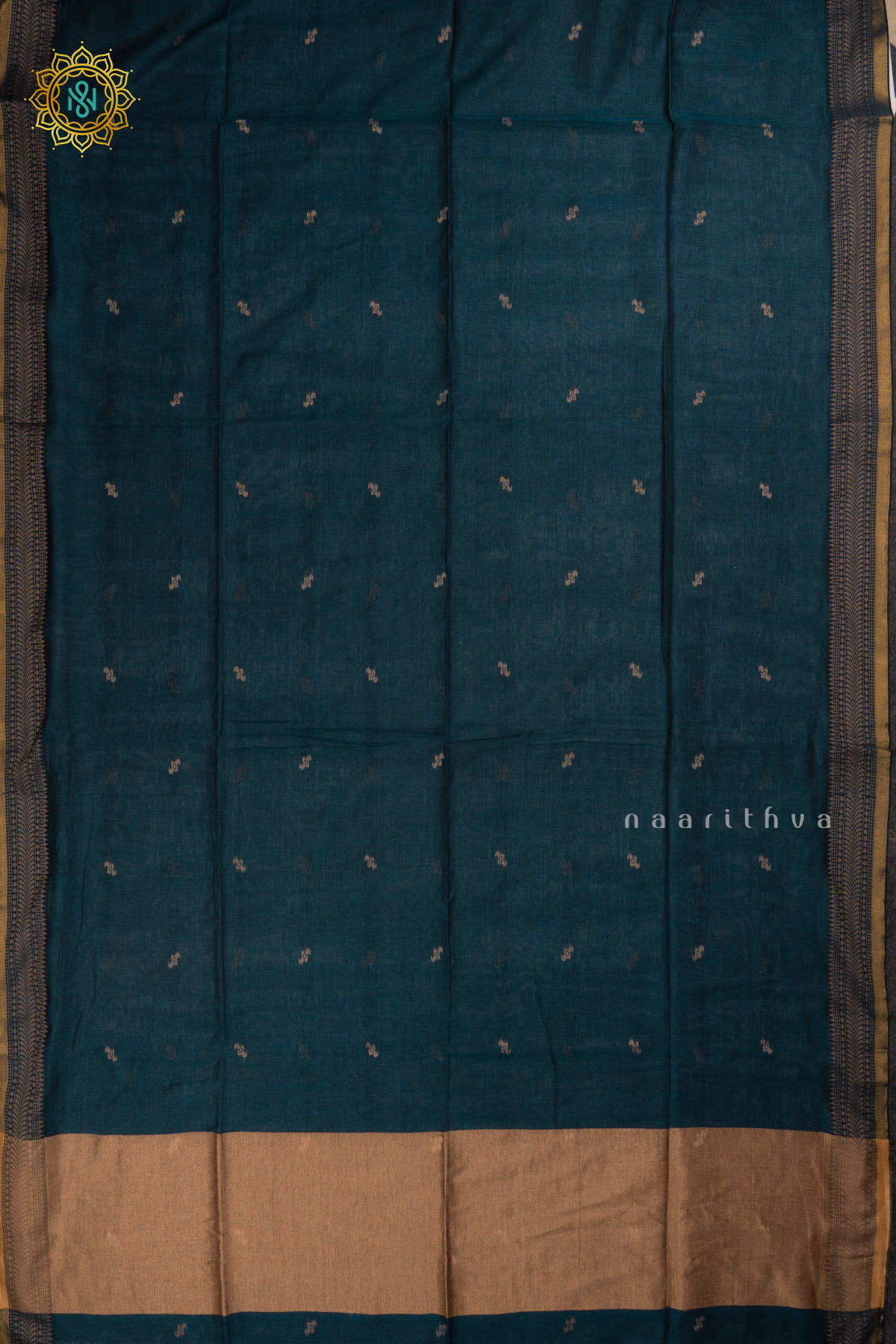 Teal Blue Mul Cotton Saree Thread Woven Buttas On The Body With Thread and Zari Woven Border