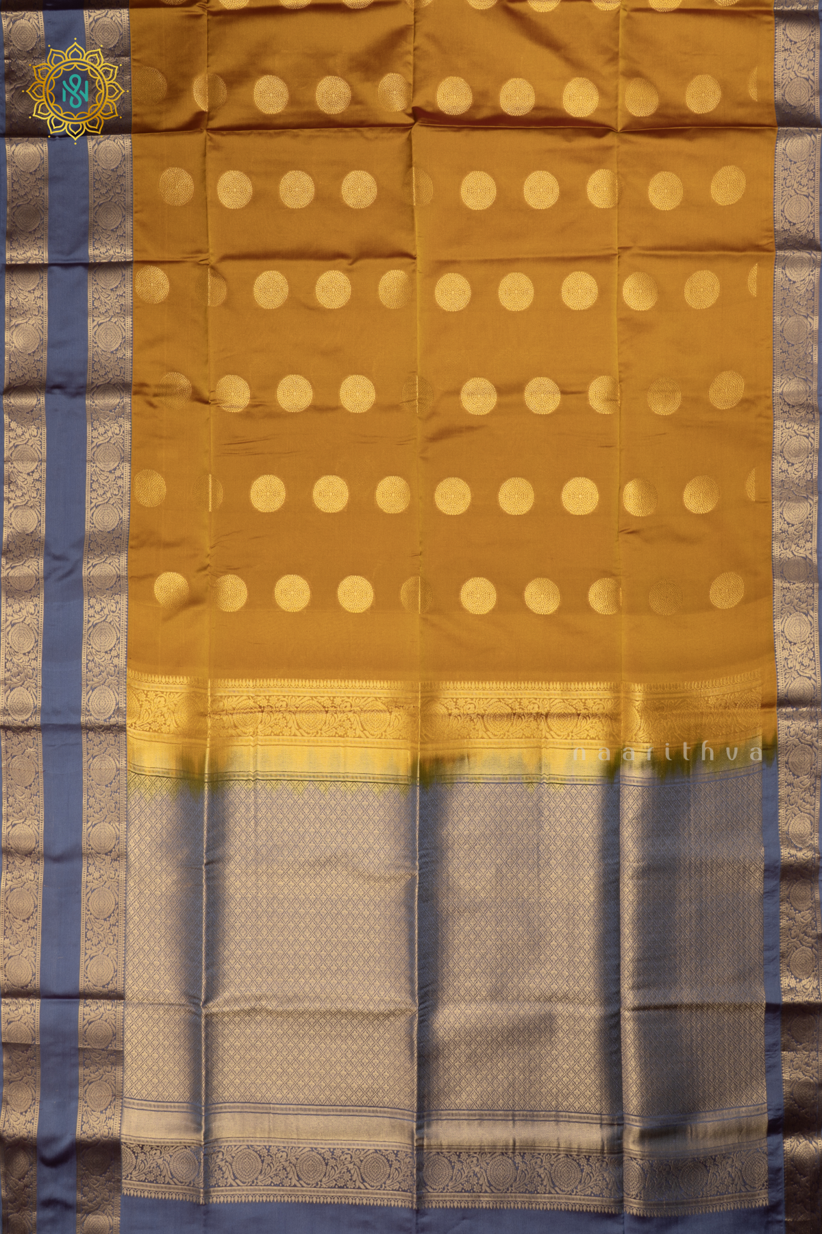 LEMON YELLOW WITH GREYISH BLUE - SEMI SOFT SILK SAREE ALLOVER ZARI BUTTAS AND CONTRAST GAP BORDER