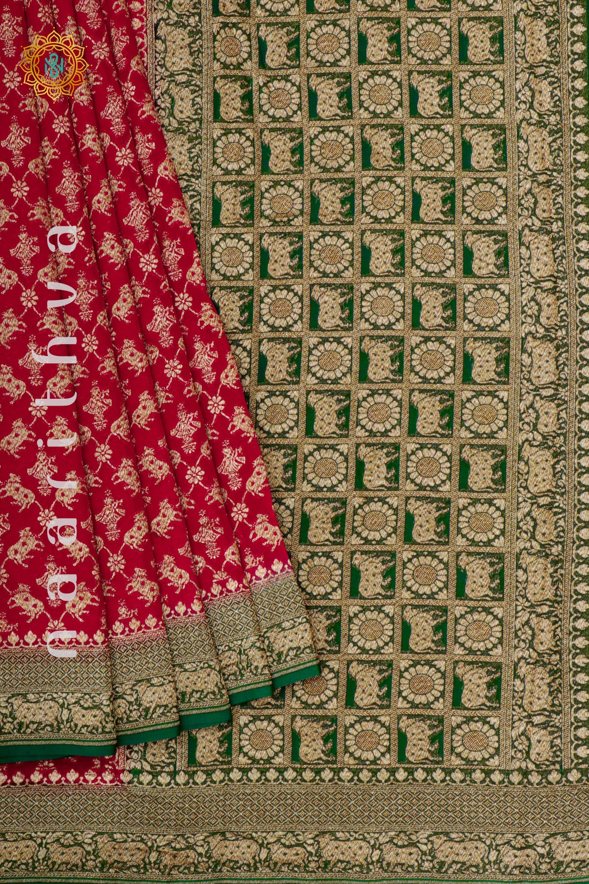 RED WITH GREEN - PURE HANDLOOM KHADDI GEORGETTE BANARAS