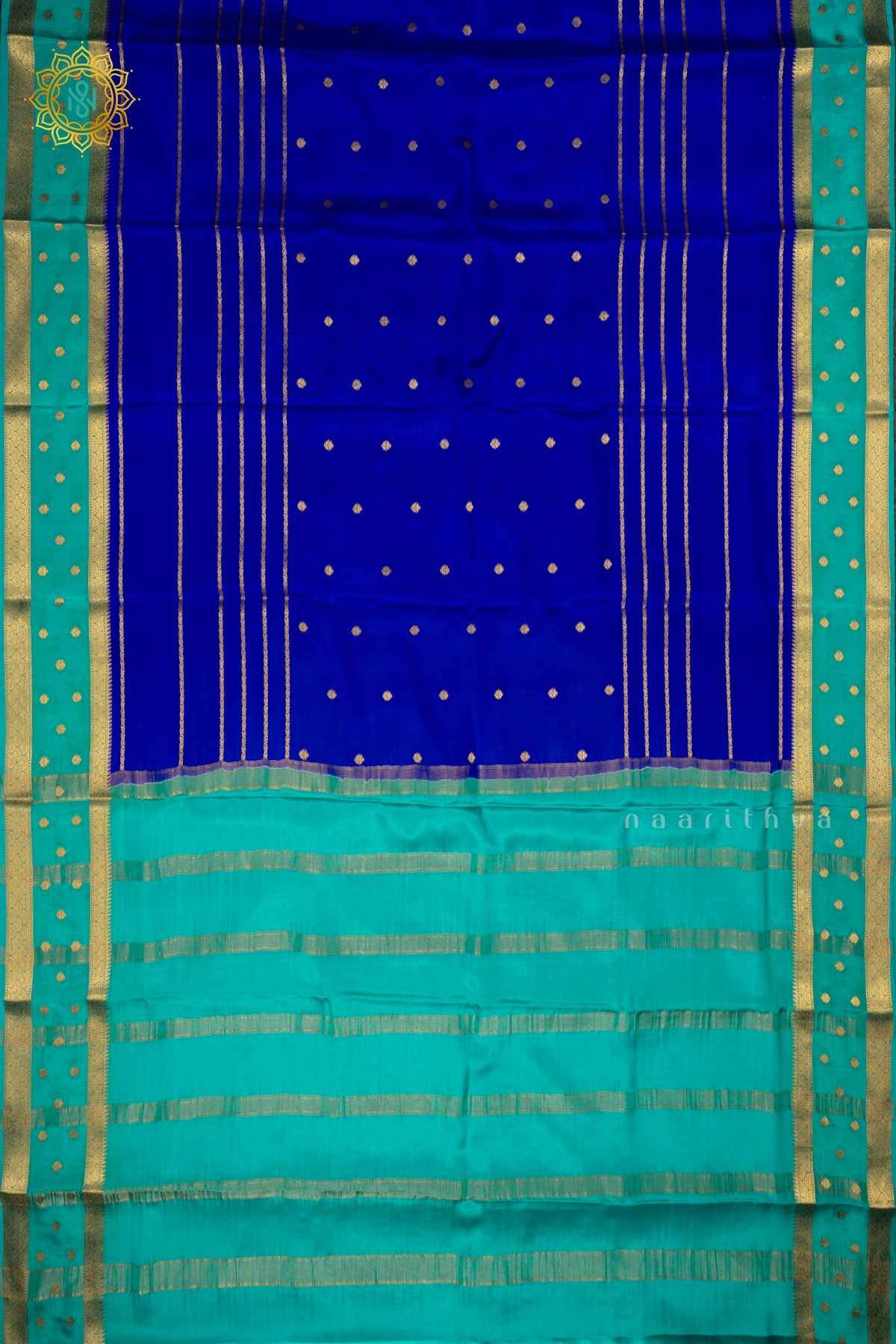 ROYAL BLUE WITH AQUA BLUE - PURE MYSORE CREPE SILK