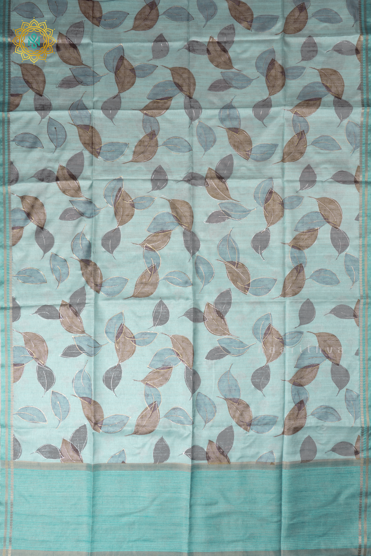 Aqua Green Semi Tussar Silk Saree With Allover Leaf Prints On The Body With Contrast Pallu