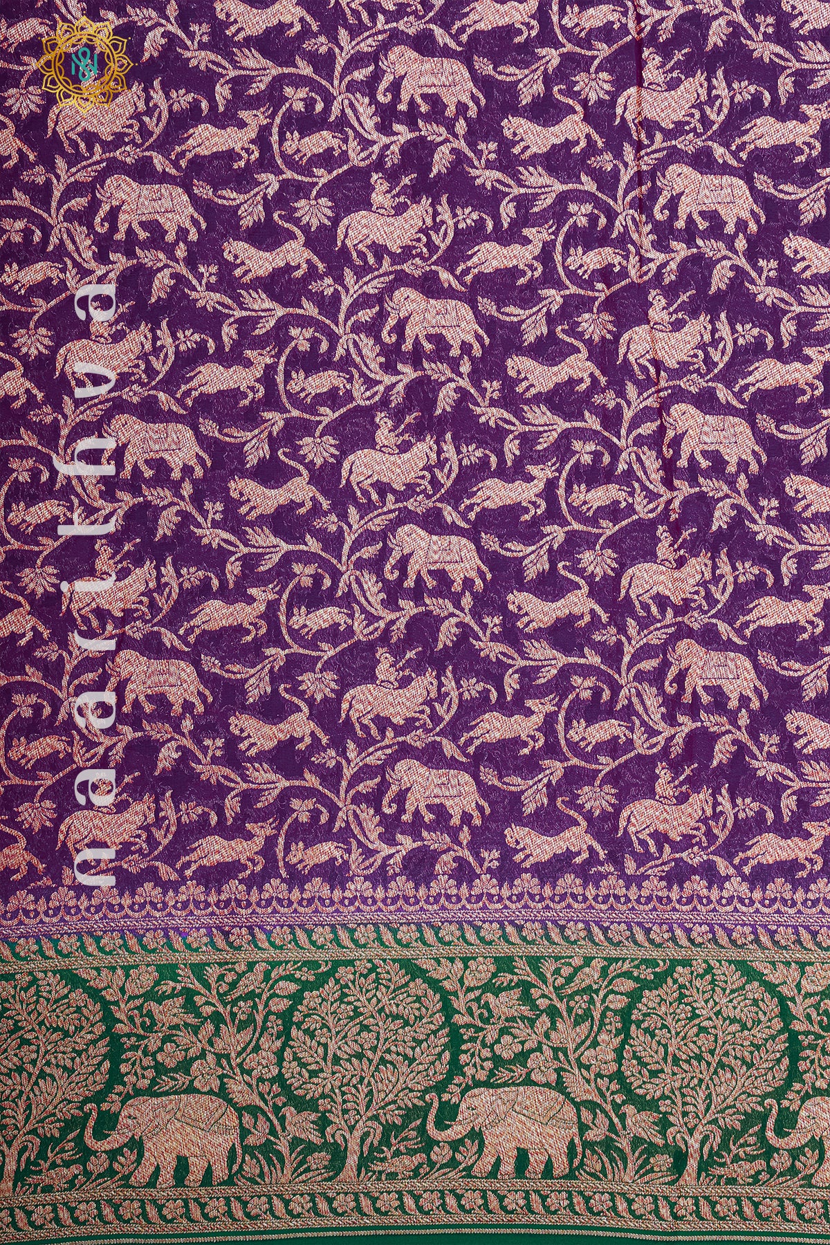 PURPLE WITH GREEN - PURE HANDLOOM KHADDI GEORGETTE BANARAS