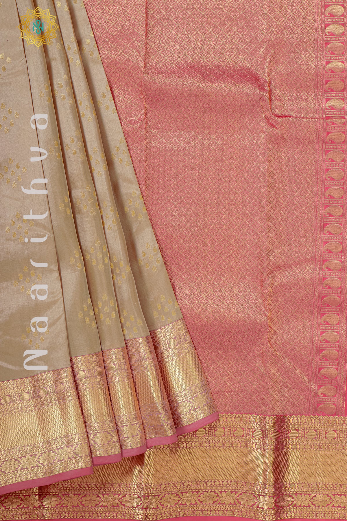 BEIGE WITH LIGHT PINK - KANJIVARAM PURE MIX