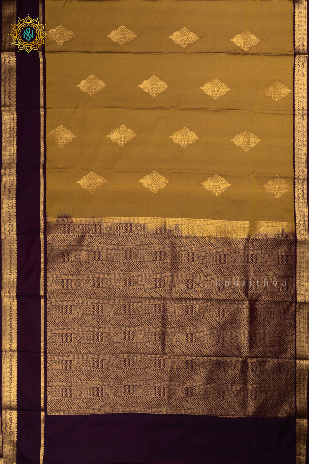 Olive Yellow with Wine Semi Kanchi Saree With Zari Buttas All Over And Contrast Zari Gap Border
