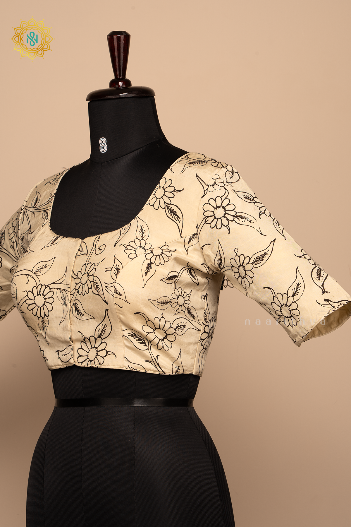 Off White-  Pure Silk Pen kalamkari readymade blouse with allover kalamkari prints