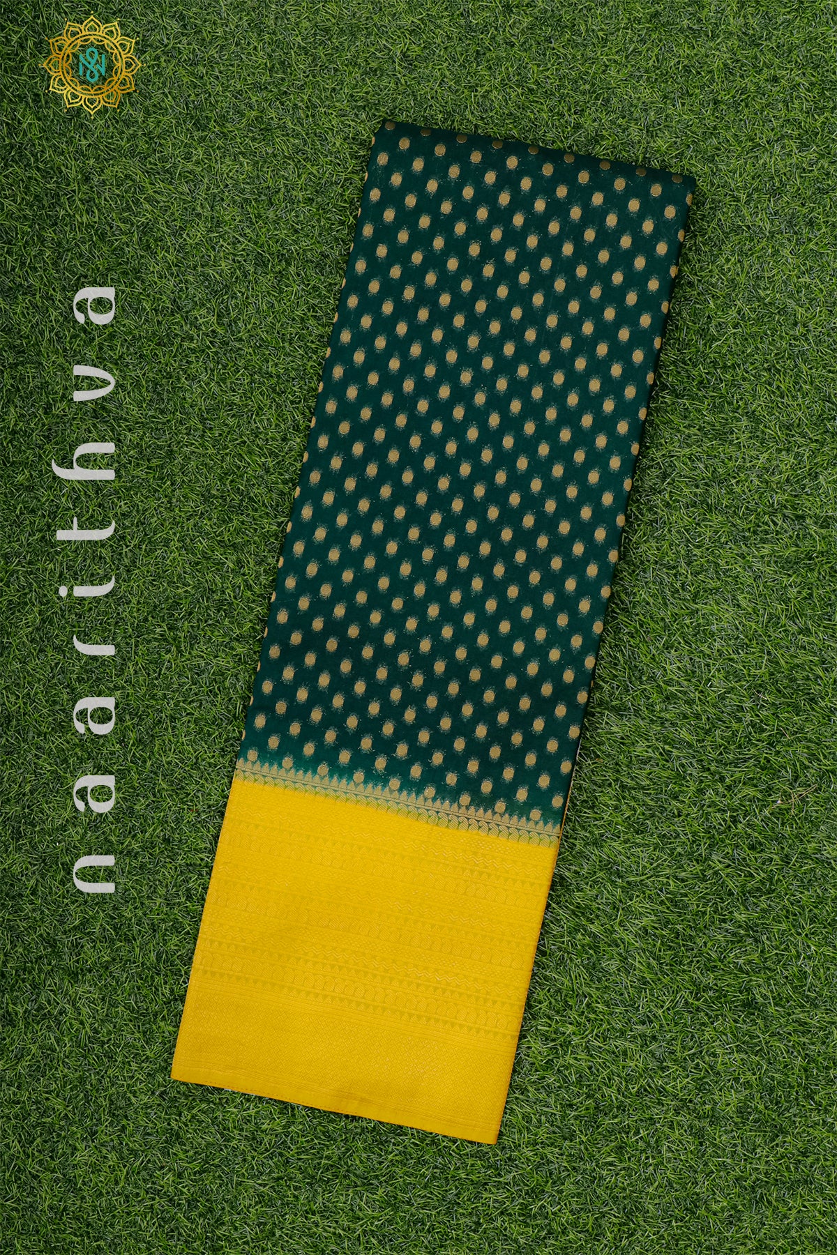 BOTTLE GREEN WITH YELLOW - SEMI CREPE GEORGETTE