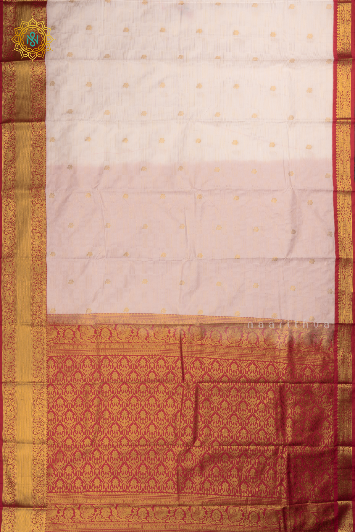 Pinkish White with Rani Pink Semi Kanchi Saree With Zari Buttas All Over And Contrast Zari Border