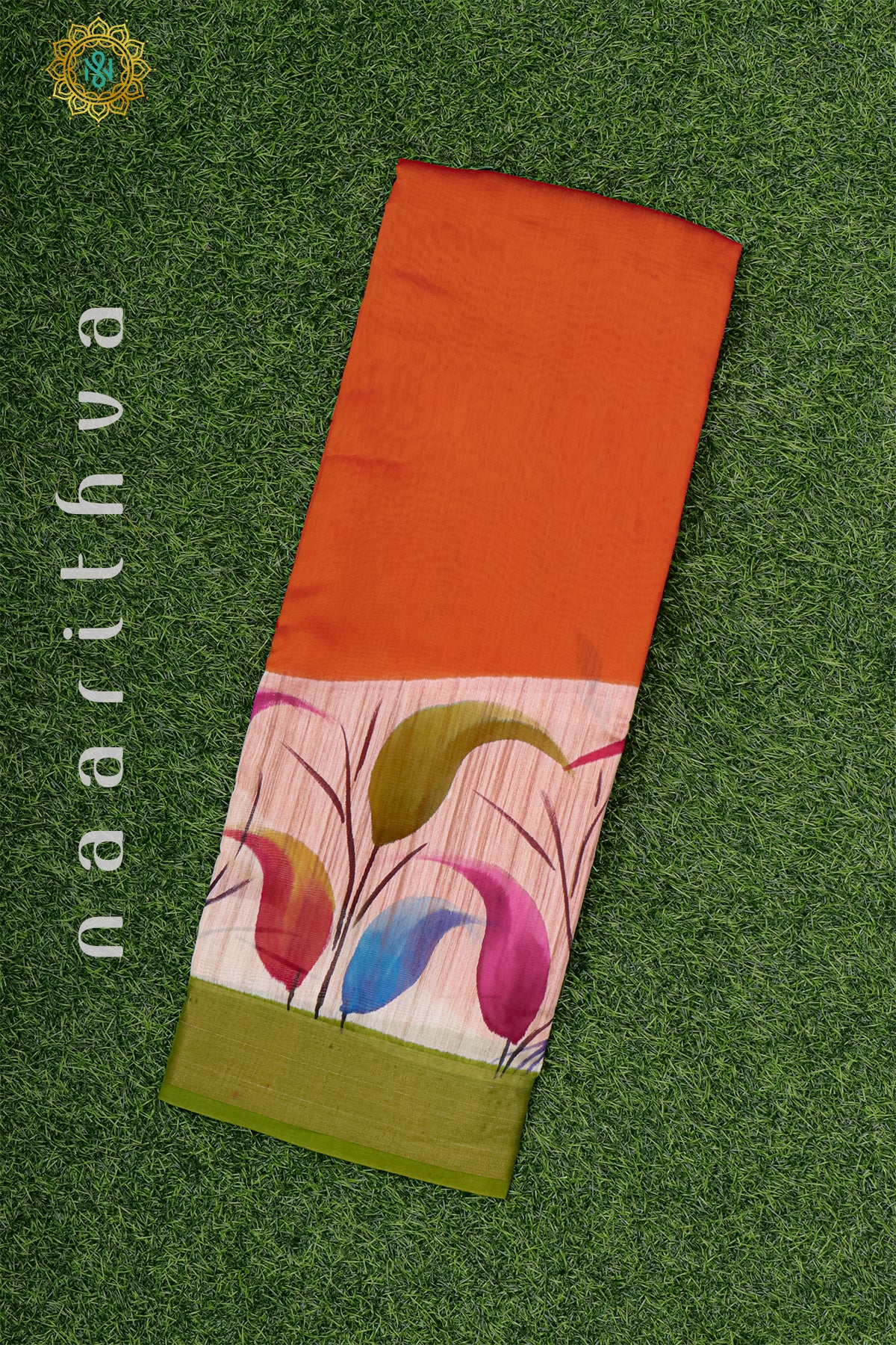 ORANGE WITH GREEN - CHANDERI SILK WITH HAND PAINTED