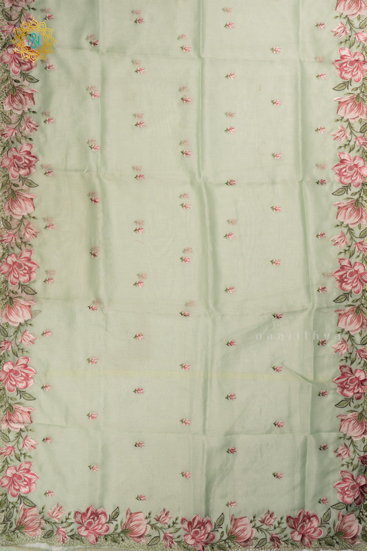 Light Green Organza Tissue Saree Allover Embroidery Buttas with Cutwork and Embroidery Border
