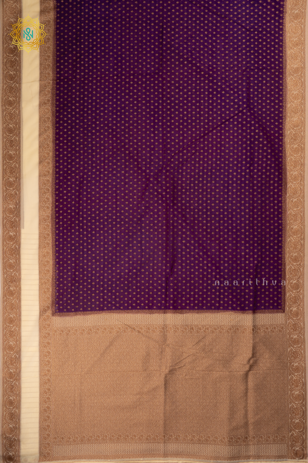 Purple With Off White Semi Georgette Saree With Zari Buttas All Over  And Contrast Zari Gap Border