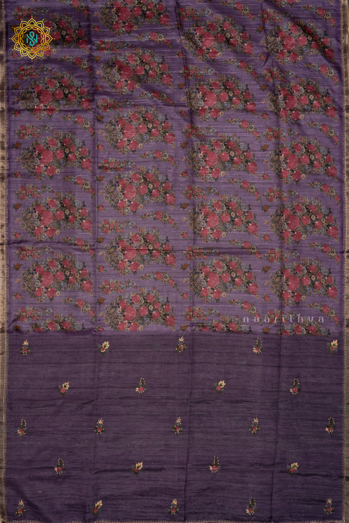 PURPLE - KOTHA TUSSAR SAREE WITH PRINTED BODY, EMBROIDERY WOVEN BUTTAS AND AARI WORK BORDER