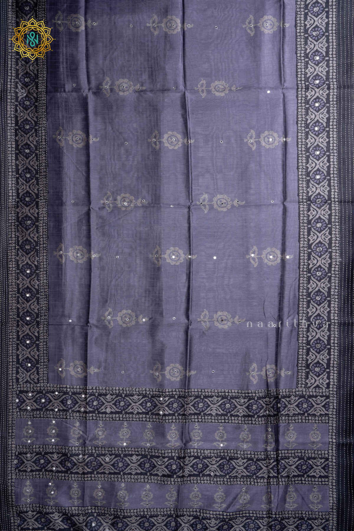 Greyish Blue With Elephant Grey Semi Tussar Silk Saree With Ikkat Print Border