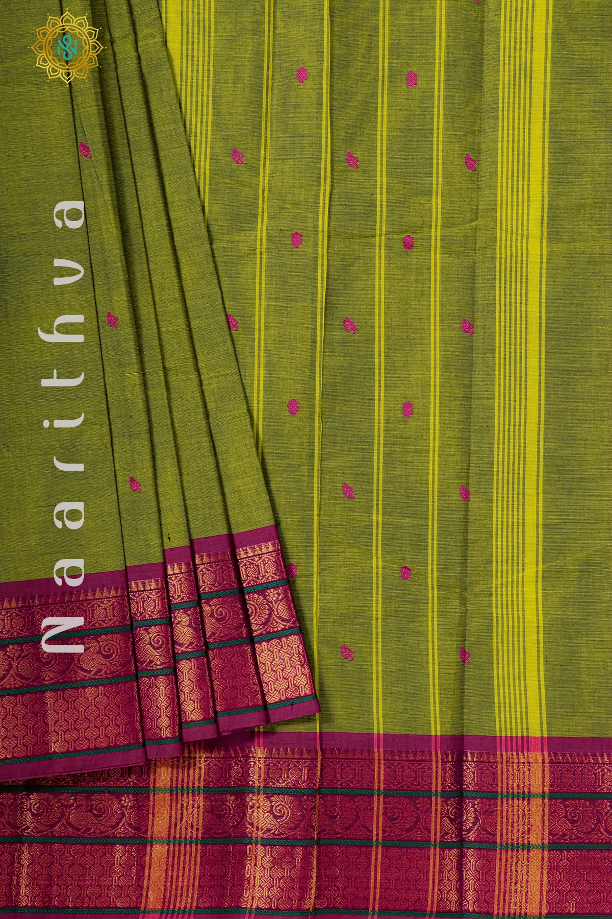PARROT GREEN WITH PINK - CHETTINAD COTTON
