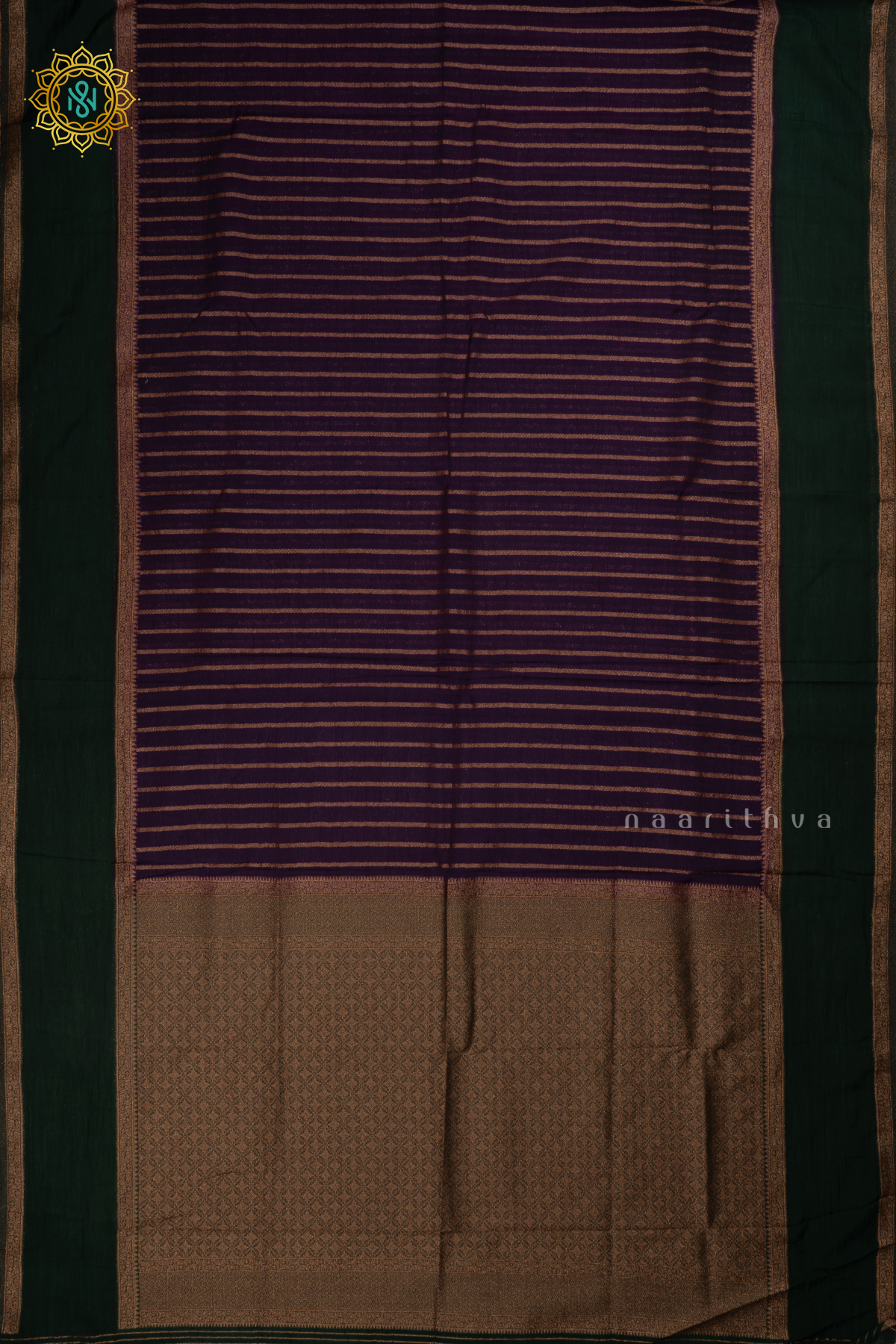 Purple with Bottle Green Semi Chiffon Georgette Saree with Allover Zari Stripes and Zari Gap Border