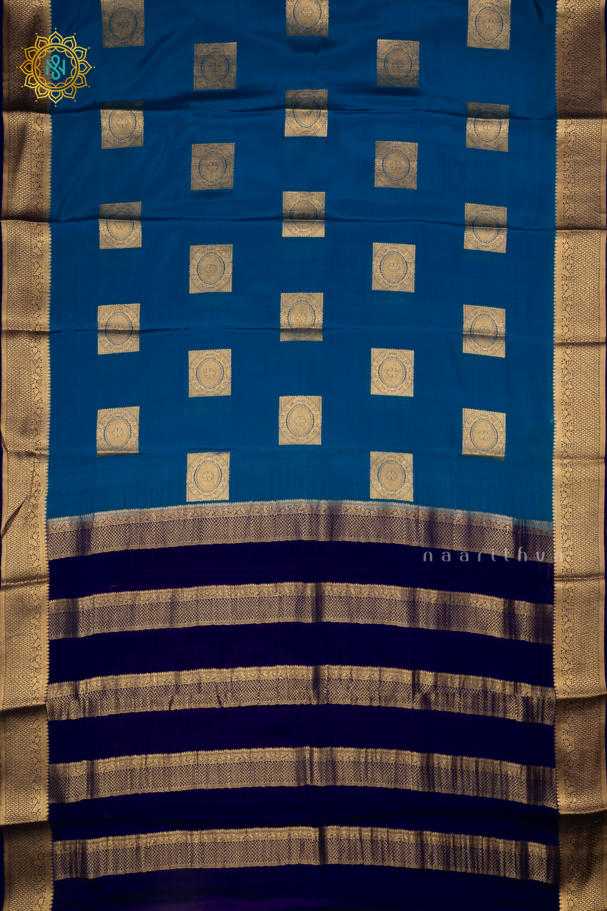 LIGHT BLUE WITH NAVY BLUE - PURE MYSORE CREPE SILK