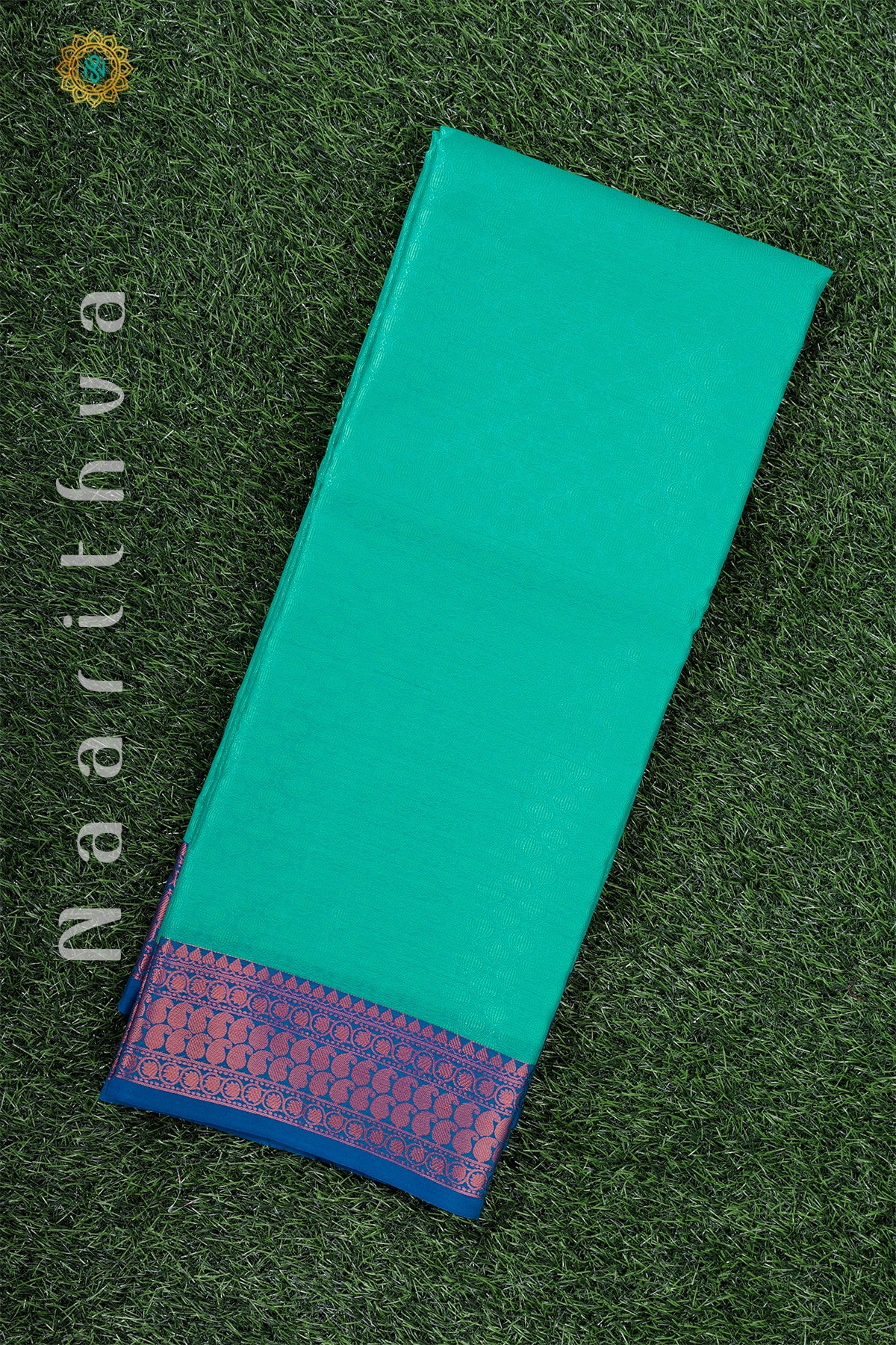 CYAN GREEN WITH BLUE - KORA TANCHOI SILK WITH CONTRAST BORDER