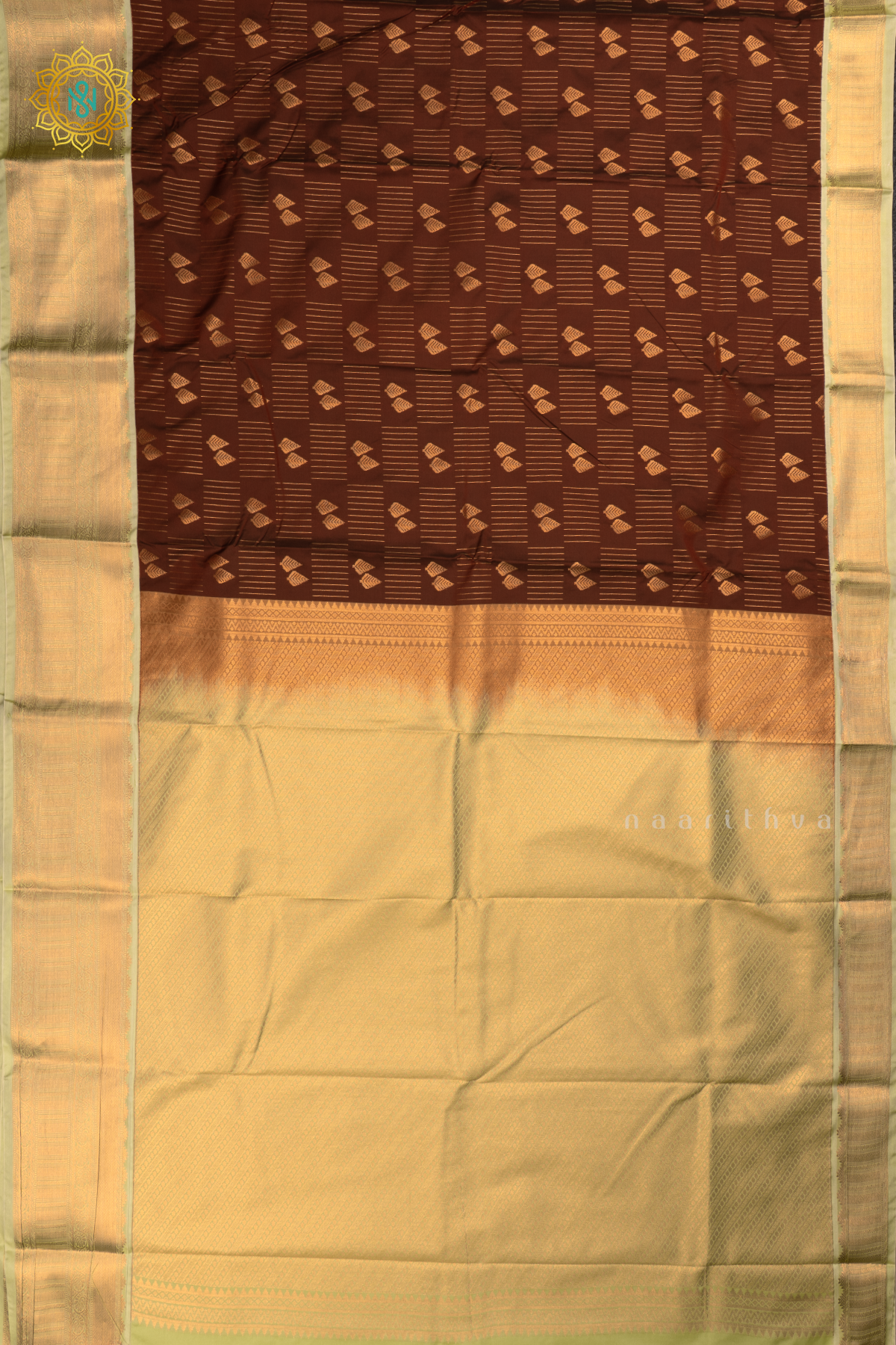 Brown with Light Green Semi Kanchi Saree With Zari Buttas All Over And Contrast Zari Border