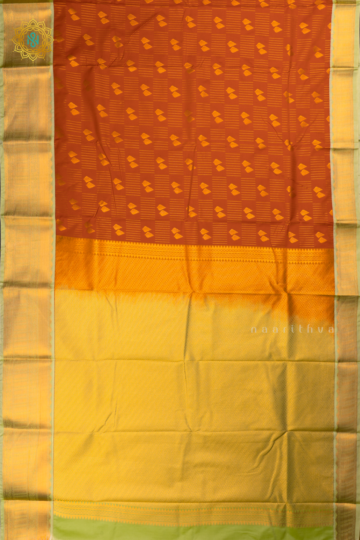 Rust Orange with Light Green Semi Kanchi Saree With Zari Buttas All Over And Contrast Zari Border