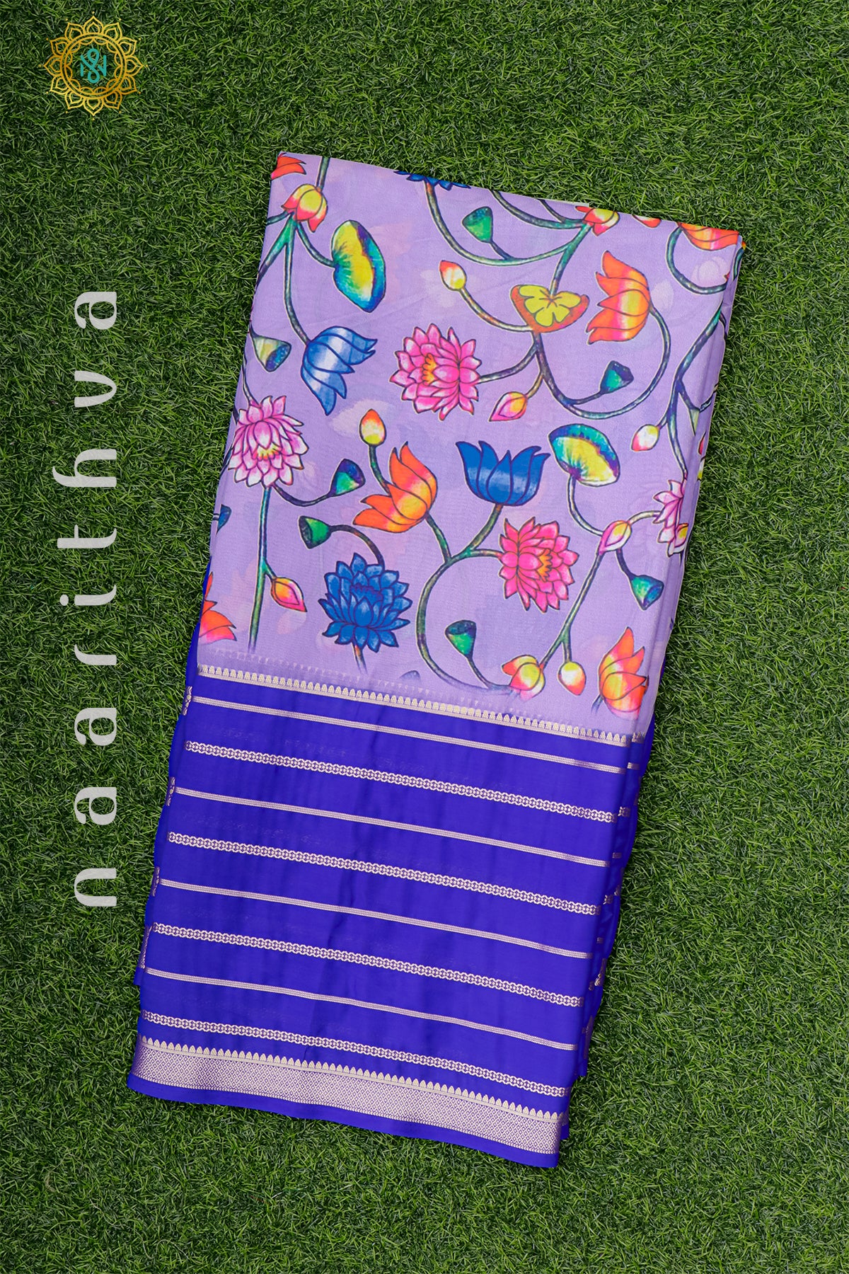 LAVENDER WITH ROYAL BLUE - SEMI MYSORE CREPE SILK